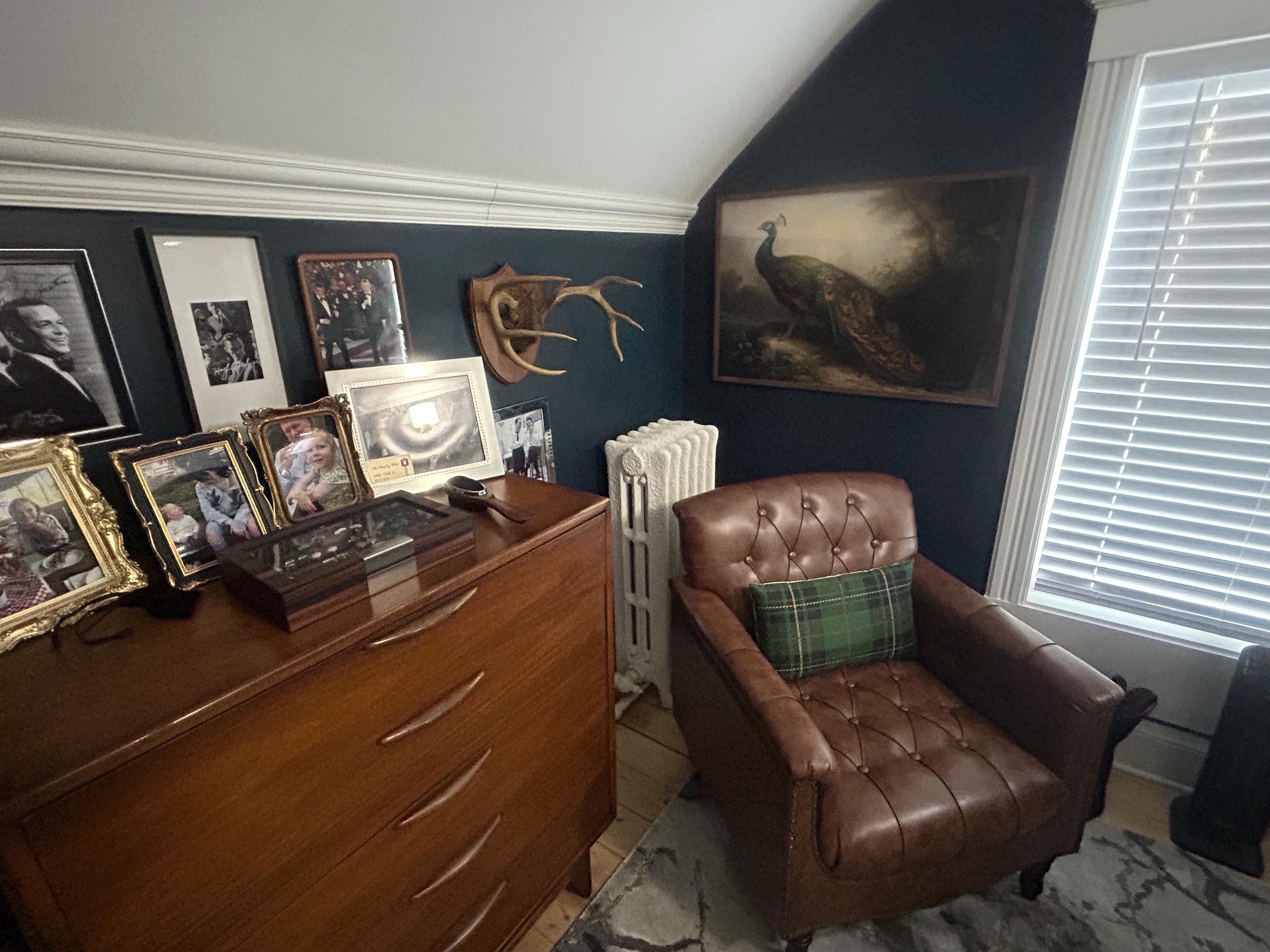 Customer photo: Horseman riding through forest with hunting dogs at sunset hanging in a real home